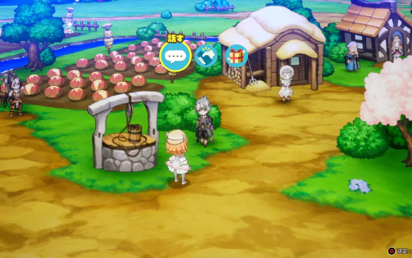 A vibrant wallpaper from the video game Elrentaros Wanderings, depicting a charming village scene with characters, a well, and a bountiful garden under a bright sky.