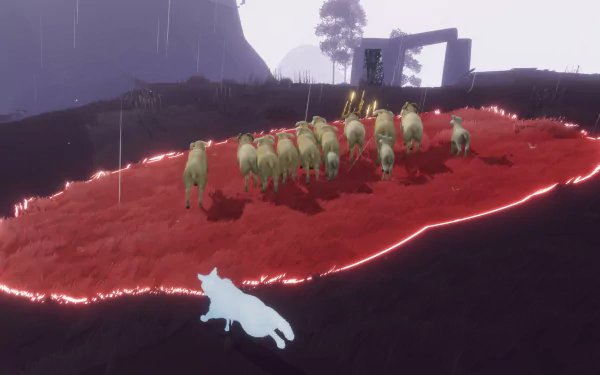 A captivating HD desktop wallpaper from the video game Farewell North, depicting a white fox observing a herd of sheep on a vibrant red landscape under a rainy sky.