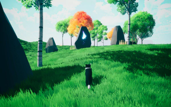 A serene HD wallpaper from the video game Farewell North, featuring a black and white cat walking through vibrant green fields adorned with colorful trees and mysterious stone structures.