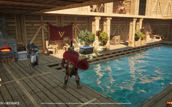 A detailed HD desktop wallpaper from the video game Dawn of Defiance, showcasing a wooden structure with a pool, characters, and a backdrop featuring the game's emblem.