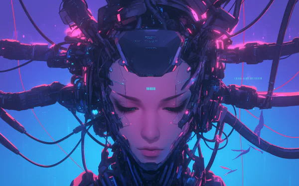 A high-definition cyberpunk wallpaper featuring a robotic figure with intricate circuitry and neon accents, blending technology and artistry in a striking visual display.