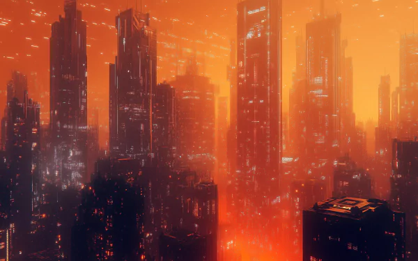 A stunning HD desktop wallpaper showcasing a vibrant sci-fi futuristic cityscape, filled with intricate architecture and illuminated by a captivating array of lights.