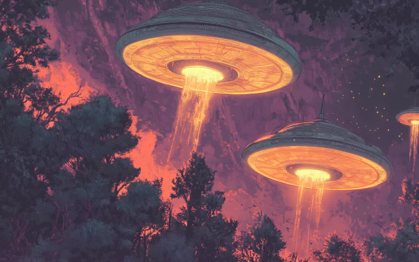 A captivating HD desktop wallpaper depicting a sci-fi UFO invasion, showcasing dynamic visuals that evoke a sense of otherworldly excitement.