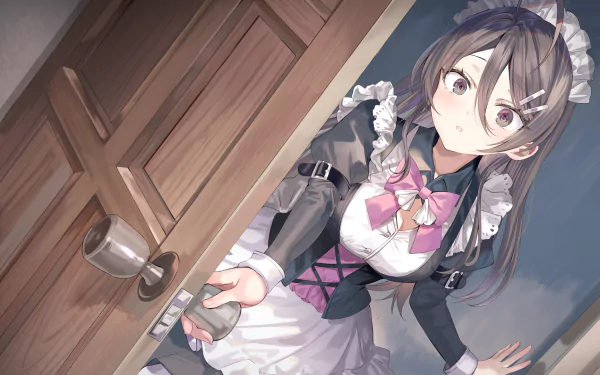 HD anime wallpaper featuring Ayano Kimishima from Alya Sometimes Hides Her Feelings, depicted as a maid girl opening a wooden door with a curious expression.