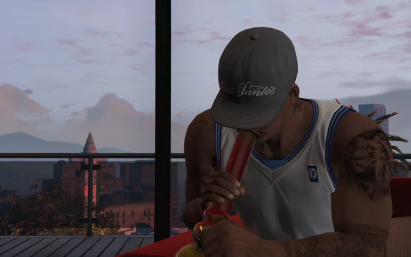 HD PC desktop wallpaper featuring Franklin from Grand Theft Auto V, sitting indoors with cityscape visible through large windows at dusk.