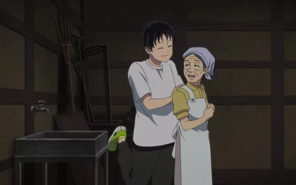 A heartwarming scene from Zom 100: Bucket List of the Dead, featuring Akira Tendo sharing a joyful moment with an older character in a rustic setting. HD desktop wallpaper.