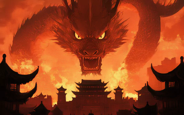 A powerful dragon looms over ancient architecture, surrounded by fiery orange hues, celebrating the Year of the Dragon for Chinese New Year in this captivating HD desktop wallpaper.