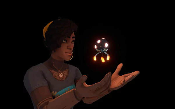 A character from the video game Dustborn interacts with a floating, glowing orb, set against a dark background, creating an engaging HD desktop wallpaper.