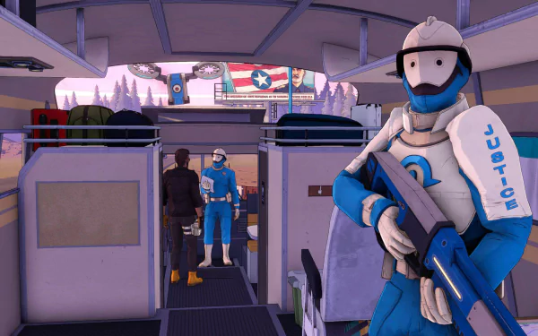 HD desktop wallpaper featuring artwork from the video game Dustborn. The vibrant design immerses viewers in the game's unique aesthetic and atmosphere.