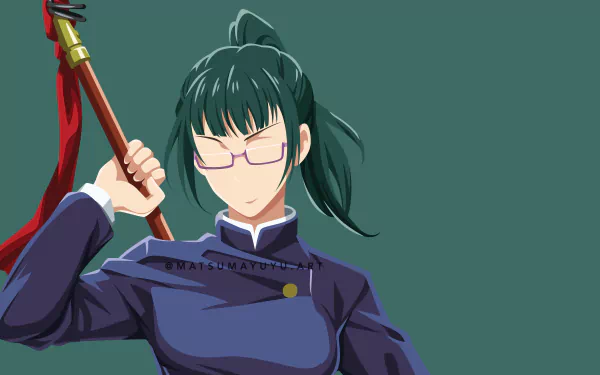 Digital 8K Ultra HD anime wallpaper featuring Maki Zenin from Jujutsu Kaisen, showcasing her in a confident pose with a weapon over her shoulder and glasses on.