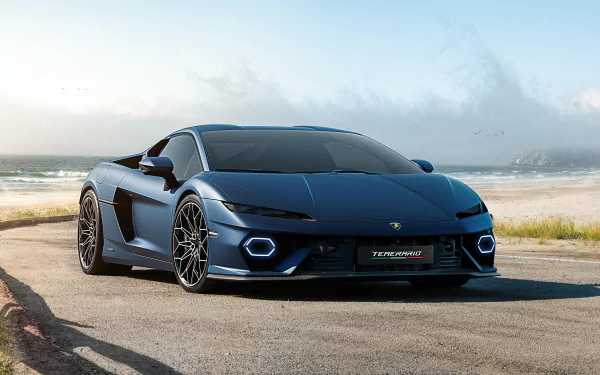 A stunning Lamborghini Temerario parked by the beach, showcasing its sleek design and vibrant blue color, set against a picturesque ocean backdrop. A striking HD desktop wallpaper.