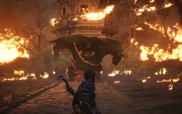 A dramatic scene from the video game Black Myth: Wukong, featuring a fierce battle with a large, fiery creature against a backdrop of flames and destruction.