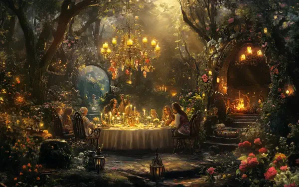 A whimsical fantasy garden party scene, featuring vibrant blooms and enchanting decor, designed as a stunning HD desktop wallpaper and background.
