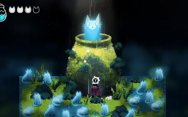 A captivating HD desktop wallpaper featuring scenes from the video game Crypt Custodian, showcasing a mystical landscape with ethereal blue cats and a magical pot in the rain.