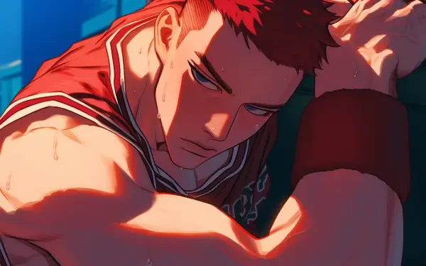Anime-inspired HD desktop wallpaper featuring Hanamichi Sakuragi from Slam Dunk, capturing the dynamic energy of the basketball-themed series.