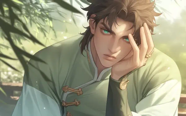 A serene HD desktop wallpaper featuring Joseph Joestar from Jojo's Bizarre Adventure, showcasing his contemplative expression amid a softly lit, natural background.