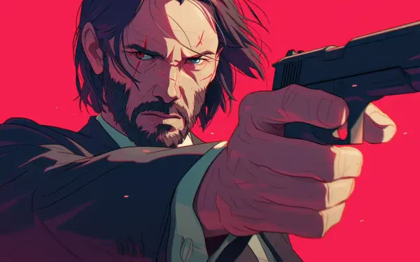 A striking HD wallpaper featuring a stylized John Wick, showing him aiming a handgun with intense focus against a vibrant red background. A bold addition for any fan.
