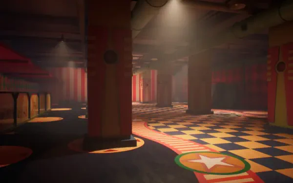 HD image from the video game Escape the Backrooms, featuring a vibrant, eerie corridor with colorful patterned floors and beams of light illuminating the space.