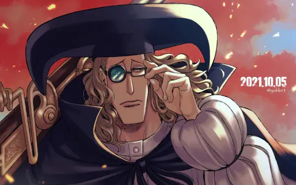 HD desktop wallpaper featuring Van Augur from One Piece, showcasing his unique style with long curly hair and a distinctive hat against a vibrant background.