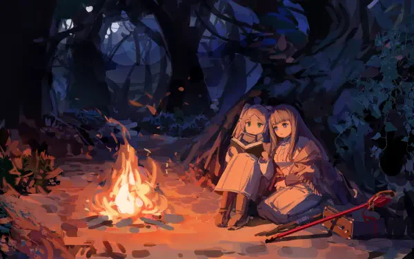 An HD desktop wallpaper featuring characters from Frieren: Beyond Journey's End, showcasing the journey of Frieren and Fern in a vibrant anime style.