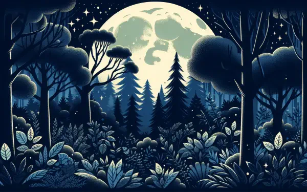 A serene moonlit forest scene, captured in high definition, creating a tranquil and enchanting backdrop for your desktop wallpaper.