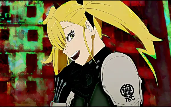 An HD desktop wallpaper featuring Kikoru Shinomiya from Kaiju No. 8, showcasing her dynamic pose and distinctive hairstyle against a vivid, colorful background.