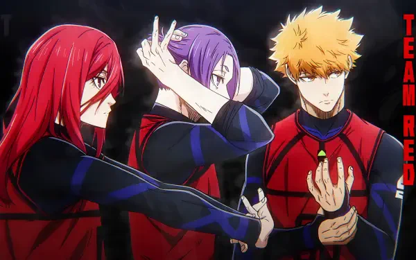 Anime-inspired HD wallpaper featuring characters Reo Mikage, Hyoma Chigiri, and Rensuke Kunigami from Blue Lock. A vibrant backdrop showcasing their dynamic energy.