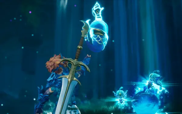 HD wallpaper from the video game Visions of Mana, featuring a character wielding a sword and interacting with ethereal blue spirits in a mystical environment.