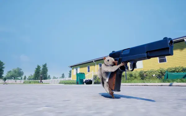 HD desktop wallpaper featuring artwork from the video game Squirrel with a Gun, showcasing a dynamic and playful squirrel character.