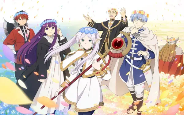 HD PC desktop wallpaper featuring the main characters from the anime Frieren: Beyond Journey's End, set against a bright, floral background with falling petals.