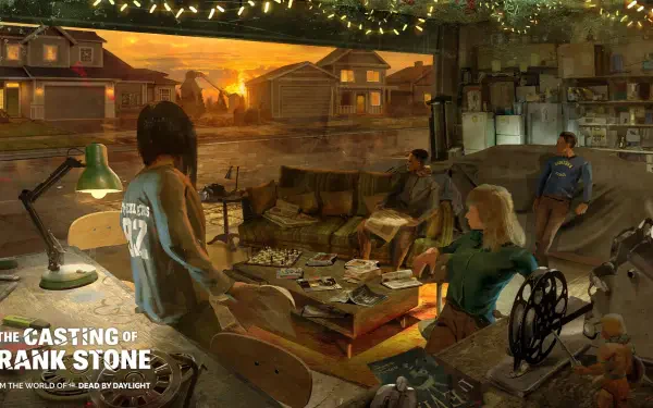A scene from the video game The Casting of Frank Stone, featuring characters gathered in a cozy room, set against a sunset backdrop. HD wallpaper for PC desktop use.