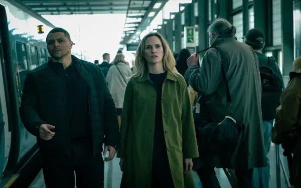 A scene from the TV show Slow Horses, featuring two characters walking through a busy train station. The image serves as an 8K Ultra HD desktop wallpaper and background.