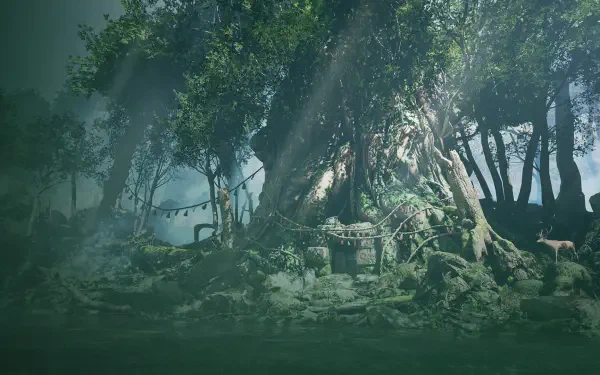 A vibrant HD wallpaper from Tekken 8, featuring an enchanting landscape with lush trees and mystical lighting, creating a captivating gaming atmosphere.
