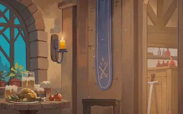 A vibrant HD wallpaper depicting the Ale & Tale Tavern, a cozy setting within a video game, evoking a warm and inviting atmosphere for gamers.