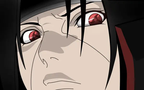 Anime-themed HD wallpaper featuring Itachi Uchiha and the Mangekyō Sharingan from Naruto, showcasing the iconic visual elements of the series.