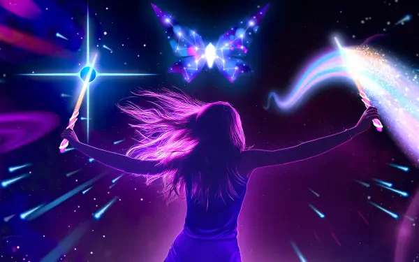 An HD PC desktop wallpaper featuring a dynamic space scene inspired by the video game Starwave, showcasing vibrant colors and celestial imagery.