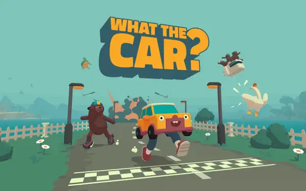 A vibrant 4K Ultra HD wallpaper featuring the whimsical video game WHAT THE CAR?, showcasing a cheerful car racing scene with playful characters and a fun atmosphere.