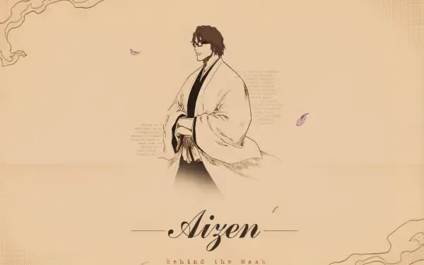 A high-definition anime wallpaper featuring Sōsuke Aizen from Bleach, showcasing the character in a minimalist design with elegant details and soft colors.