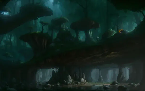  a deep forest open cavern, with a small fox taking a snooze