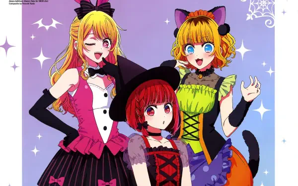 2K PC desktop anime wallpaper of Oshi no Ko characters Mem-Cho, Ruby Hoshino and Kana Arima in cat-themed costumes on a sparkly purple background