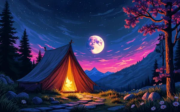 A serene camping scene featuring a glowing tent by a warm fire, surrounded by towering trees and mountains under a starry sky, illuminated by a bright moon. 4K Ultra HD desktop wallpaper.