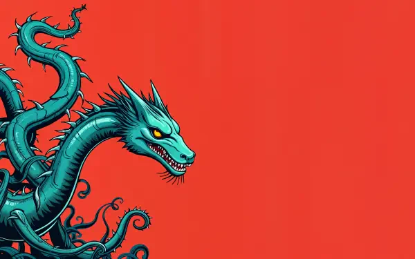 A vibrant 4K Ultra HD desktop wallpaper featuring a hydra with multiple heads, set against a bold red background, showcasing intricate details and striking colors.