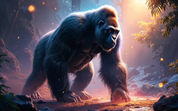 A majestic gorilla stands in a vibrant forest, illuminated by soft light, making for a striking 4K Ultra HD PC desktop wallpaper and background.