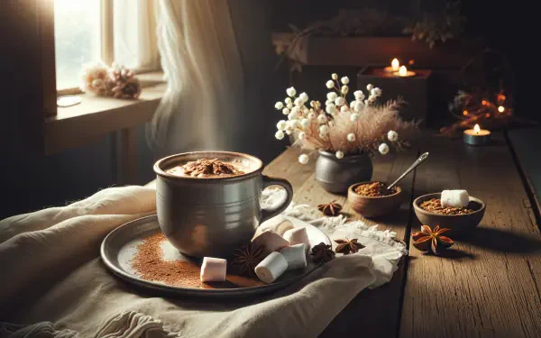 A cozy setting featuring a steaming cup of hot chocolate surrounded by marshmallows, spices, and decorative flowers, illuminated by soft natural light. 4K Ultra HD desktop wallpaper.