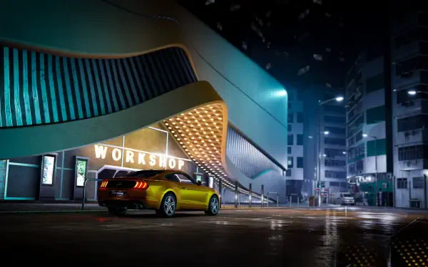 A captivating HD desktop wallpaper featuring a sleek yellow car in an urban setting from the video game Test Drive Unlimited Solar Crown, showcasing vibrant neon lights and modern architecture.