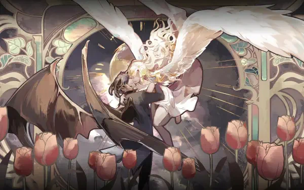 A captivating HD wallpaper from the video game Celestia: Chain of Fate, featuring a dramatic scene with a character embraced by an angelic figure amidst a field of tulips.