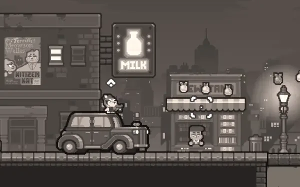 HD wallpaper featuring a scene from the video game Grapple Dogs: Cosmic Canines, showcasing a lively urban environment with a vintage car and charming characters.