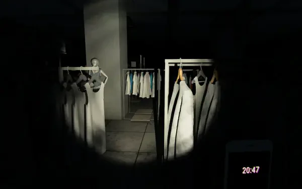 A dark scene from the video game Mannequin (2024), featuring a clothing rack and a mannequin illuminated by a flashlight, creating an eerie atmosphere as time is displayed on the screen.