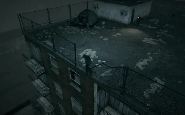 A dark, atmospheric HD PC desktop wallpaper depicting a rooftop scene from the video game Hollowbody, featuring empty space and a lone figure under dim lighting.