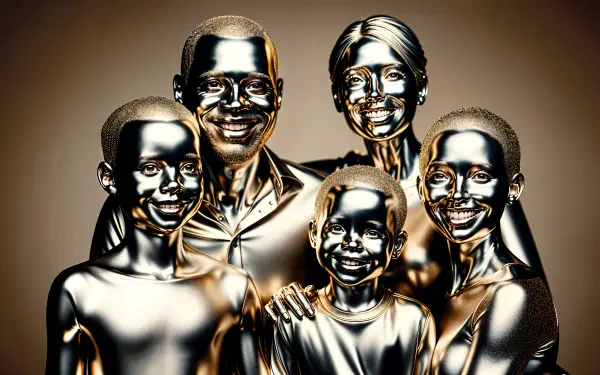 A vibrant, artistic representation of a family, depicted with metallic finishes. This 4K Ultra HD PC desktop wallpaper captures warmth and unity in a unique style.